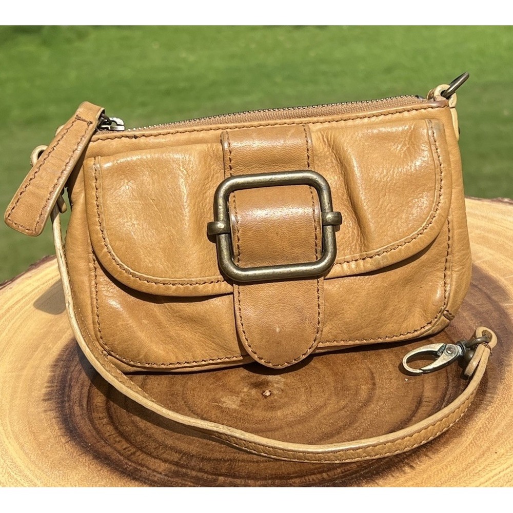 Banana Republic Leather Mini Shoulder Bag Cognac Brown Buckle Wristlet Y2K